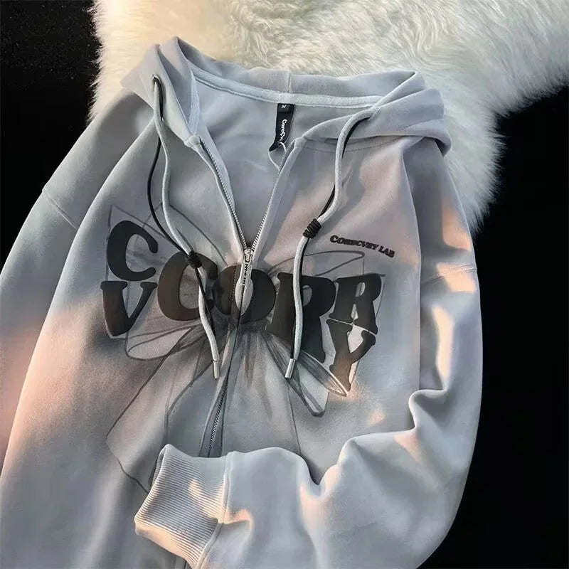 Early Autumn Thin Sweet Cool Butterfly Knot Hoodie Women Loose Couple Open Cardigan Jacket Zipper Top Trendy Streetwear