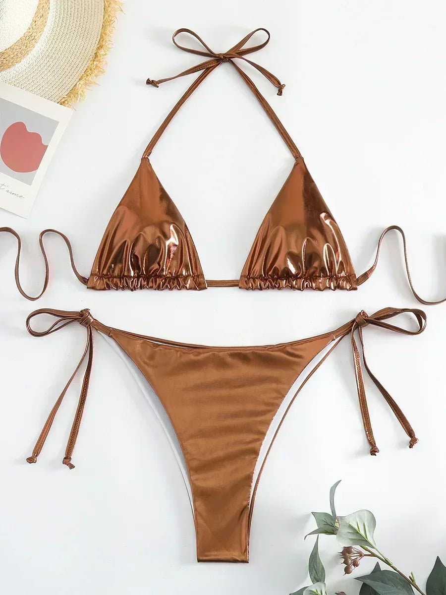 Sexy Shiny Pu Faux Leather Bikini 2025 Women Swimwear Female Swimsuit Two-pieces Bikini set String Bather Bathing Suit Swim Lady