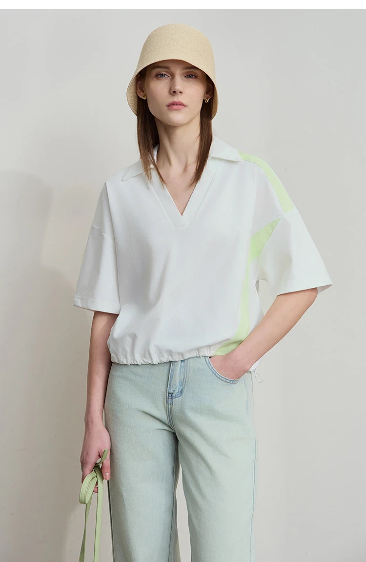 Amii Minimalist Cotton T-Shirts For Women 2025 Summer New V-Neck Pullover Loose Short Shoulder Sleeve Chic Commute Tops 12552001