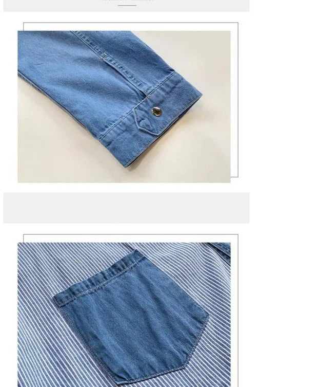 Womens' Splicing Striped Shirt Fashion Spring Autumn Versatile Thin Outerwears Korean Fashion Loose Blue Denim Jackets