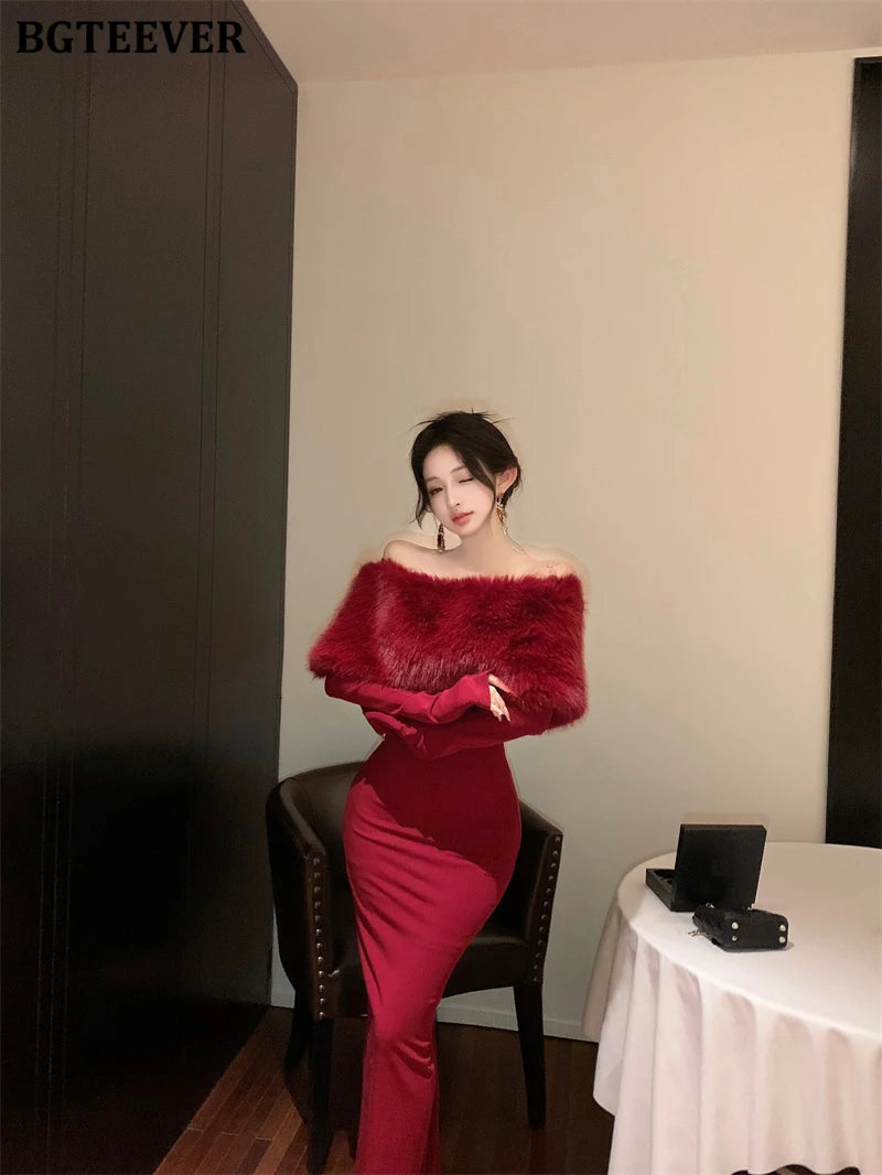 BGTEEVER Autumn Winter Fashion Slash Neck Ladies Skinny Package Hip Sweater Dress Elegant Long Sleeve Female Slim Knitted Dress
