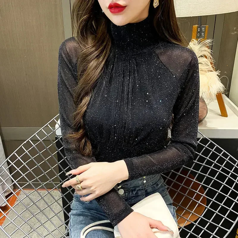 Sequin Long Sleeve T Shirt for Women Rhinestone Slim Plain Glitter Tops Woman Korean Popular Clothes With Sleeves Pulovers Kpop
