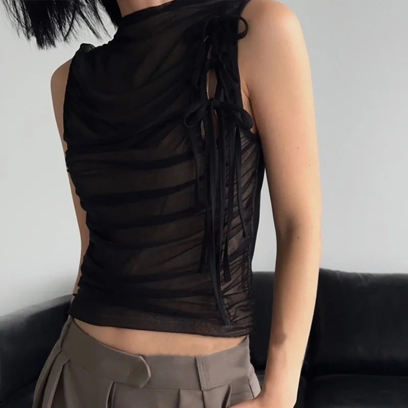 Tonngirls Vintage Tank Tops Women Sleevelss See Through Mesh Tops Streetwear Y2k Retro Crop Tops 2000s Korean Style Summer Tops