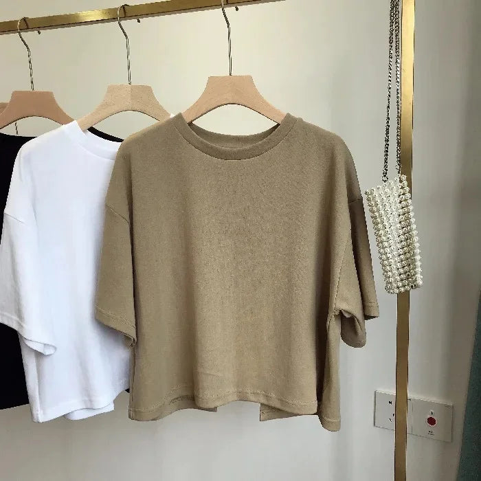 Trendy Women's Open-Back Cropped T-Shirt Sweet Spicy Style Korean Version 2023 Summer New Round Neck Loose Fit Short Sleeves Top