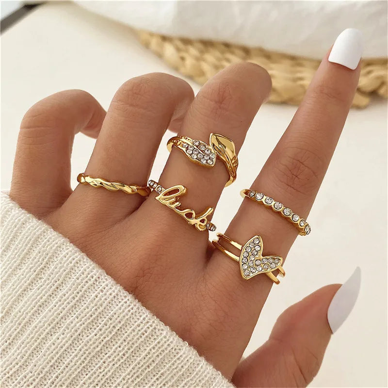 Vintage Shiny Zircon Butterfly Heart Ring Set Gold Color Boho Elegant Eyes Moon Geometric Rings Women Party Jewelry
