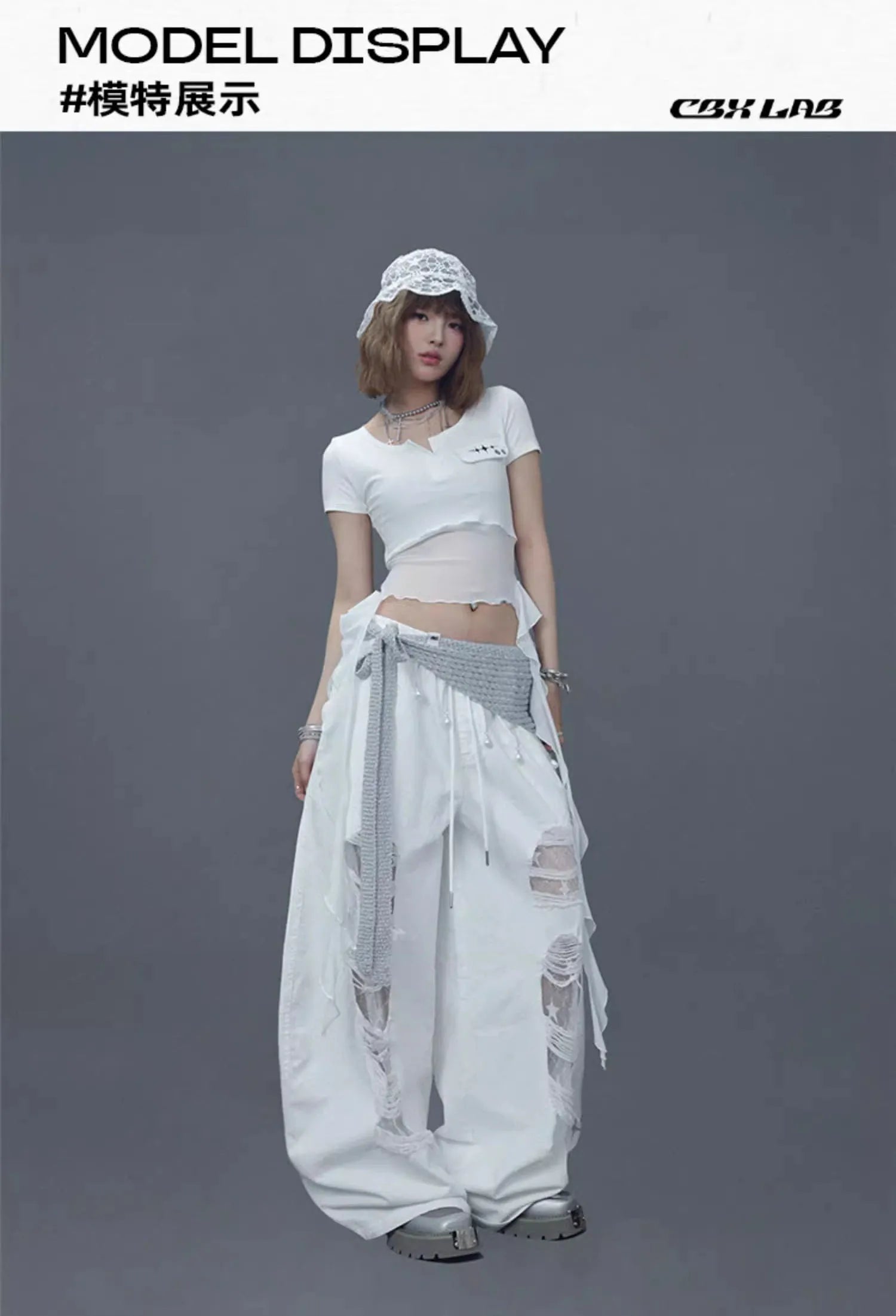 CBXLAB Street Dance Women'sWhite denim patchwork distressed dance pants with long design for jazz dancers, spicy and casual