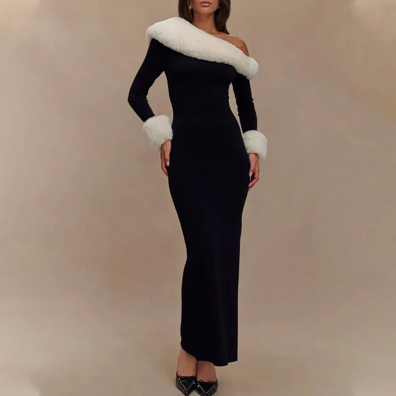 Tossy Fluffy Winter Slim Maxi Dress Female High Waist Long Sleeve Sexy Off-Shoulder Patchwork Bodycon Dress Ladies Party Dress