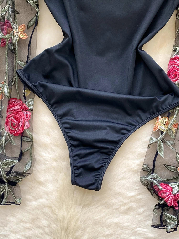 Women's Black Gothic Vintage Jumpsuits Y2k Harajuku Embroidery Overalls Korean Aesthetic 2000s Exotic Sexy Mesh Rompers Clothes