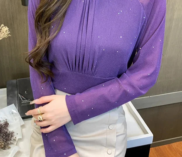 Sequin Long Sleeve T Shirt for Women Rhinestone Slim Plain Glitter Tops Woman Korean Popular Clothes With Sleeves Pulovers Kpop