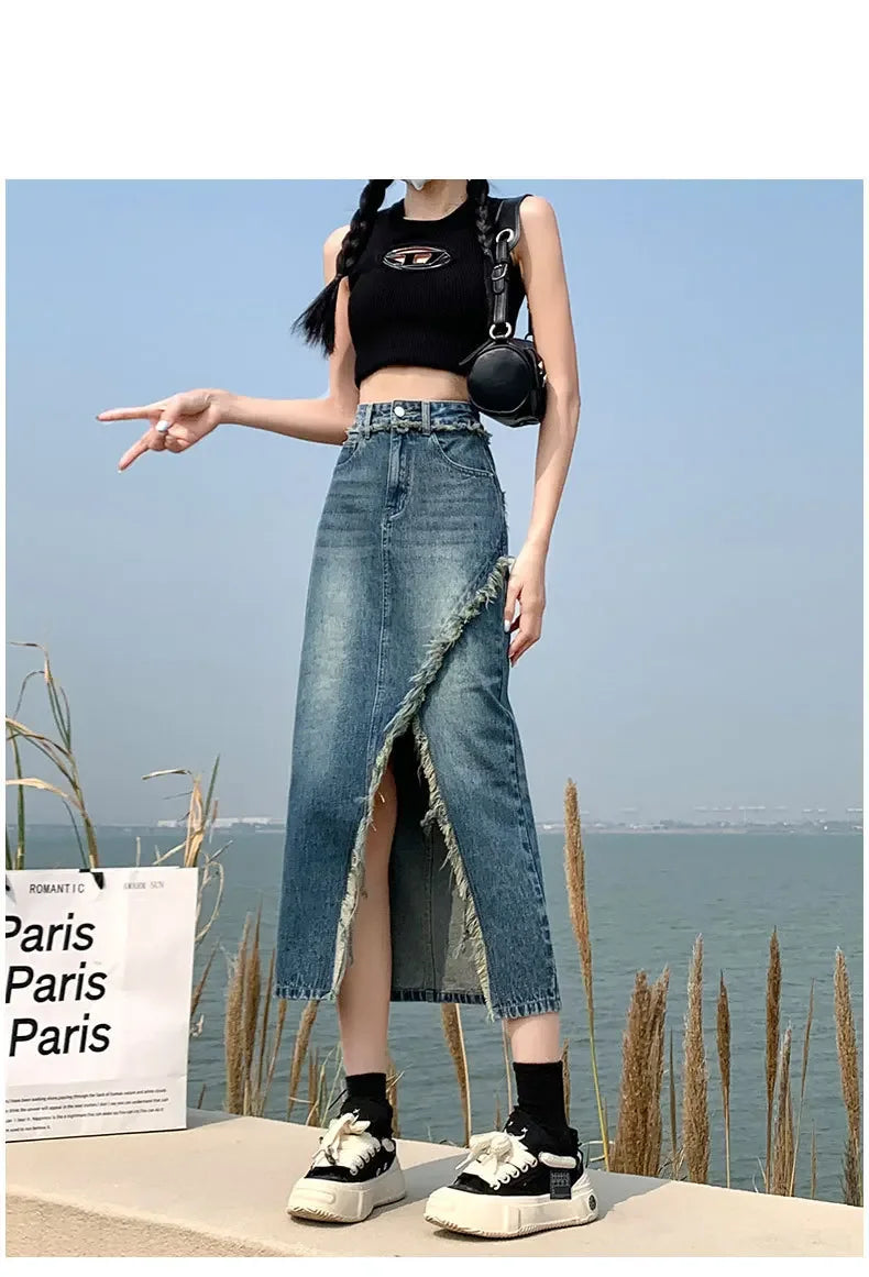 Fashionable Denim Skirt For Women High-waisted A- line Hip Covering Long Dress Casual Style Perfect For Summer 2024
