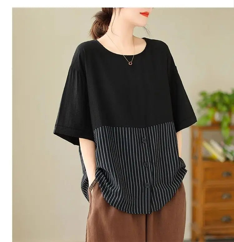 Summer New Plus Size Women's Fashion Striped Patchwork Tops Tees Youth Short Sleeve Loose Vintage T Shirts Casual Trend Clothing