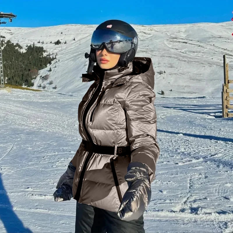 Fashion Hooded Padded Coats With Belt Women Slim Stand Collar Full Sleeve Pocket Coat Winter Lady Thicken Warm Skiing Jacket