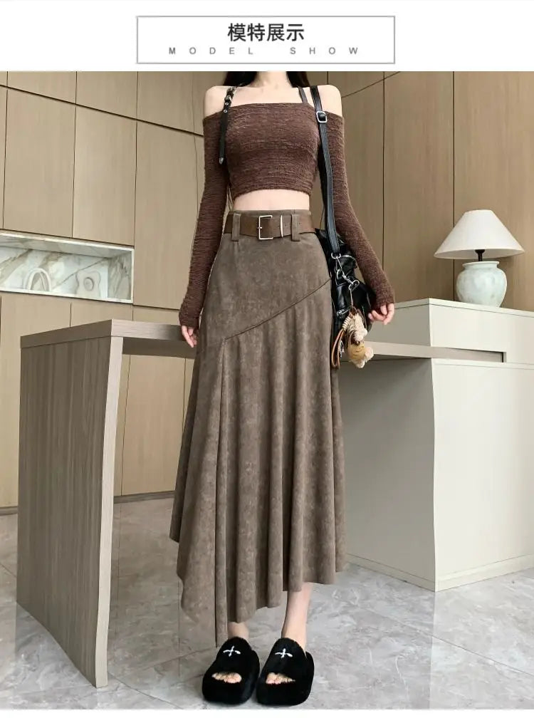 Women Clothing Autumn Korean Fashion Vintage High Waist Asymmetrical Skirts Female Elegant Chic Tie Dye Slim Long Skirt Faldas