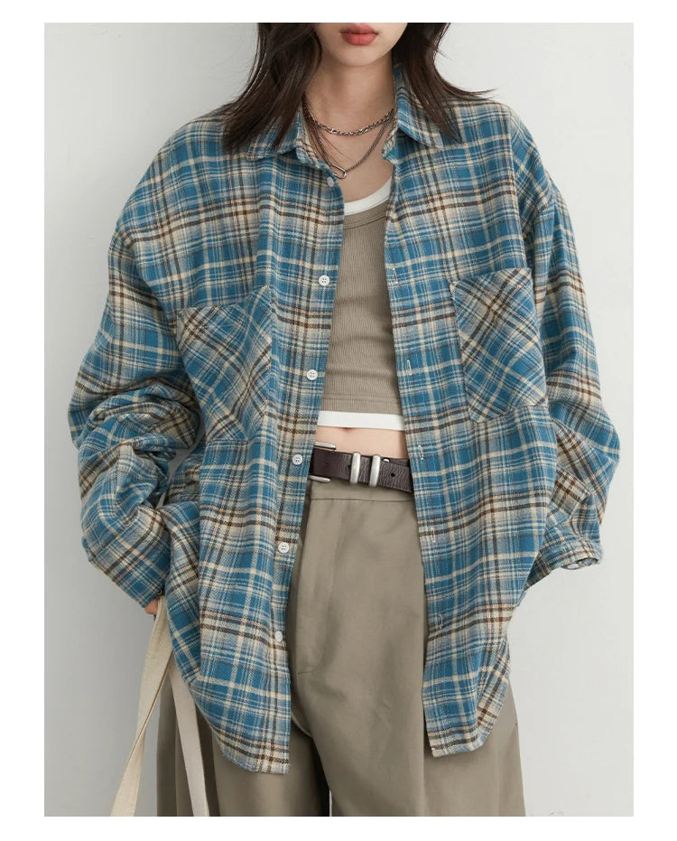 CHIC VEN Women's Cotton Shirt Single Breasted Loose New Retro Color Blocked Grid Female Blouses Autumn Spring 2024