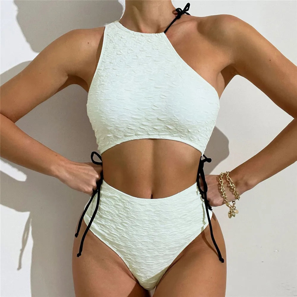 Sexy White High Waist Swimwear String Lace Up Bikinis Sets Woman 2025 Asymmetric Neck Swimsuits Bathing Suit Bikini Mujer Bather