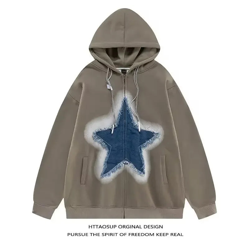 Vintage Star Print Hooded Sweatshirt Unisex Loose Fit Fashion Jacket For Men Women Ideal For Couples