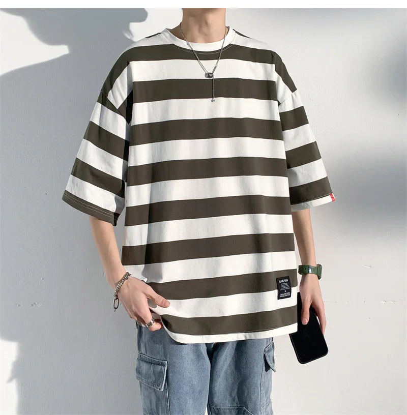 Men's Cotton T-shirt Striped Mens Oversized T Shirts Split Hem Fashion Tee Shirts Casual Wear Summer Tshirt 5XL Big Size for Man