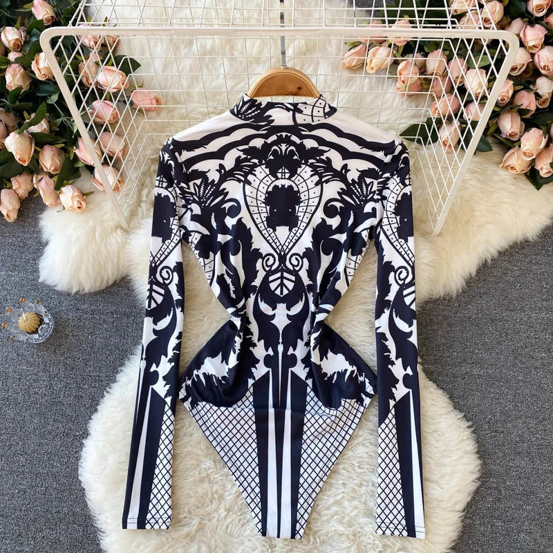 Women Bodysuit 2024 New Spring Fashion Diamonds Long Sleeve T-shirt Casual Streetwear Floral Print Sexy Skinny Bodycon Tops