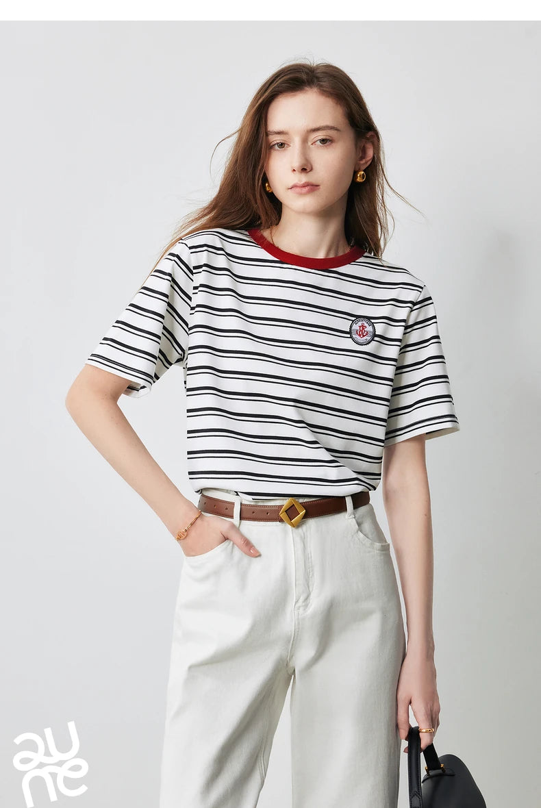 TOYOUTH Women Striped Short Sleeved T-shirt 2024 Summer New Academy Style Round Neck Top