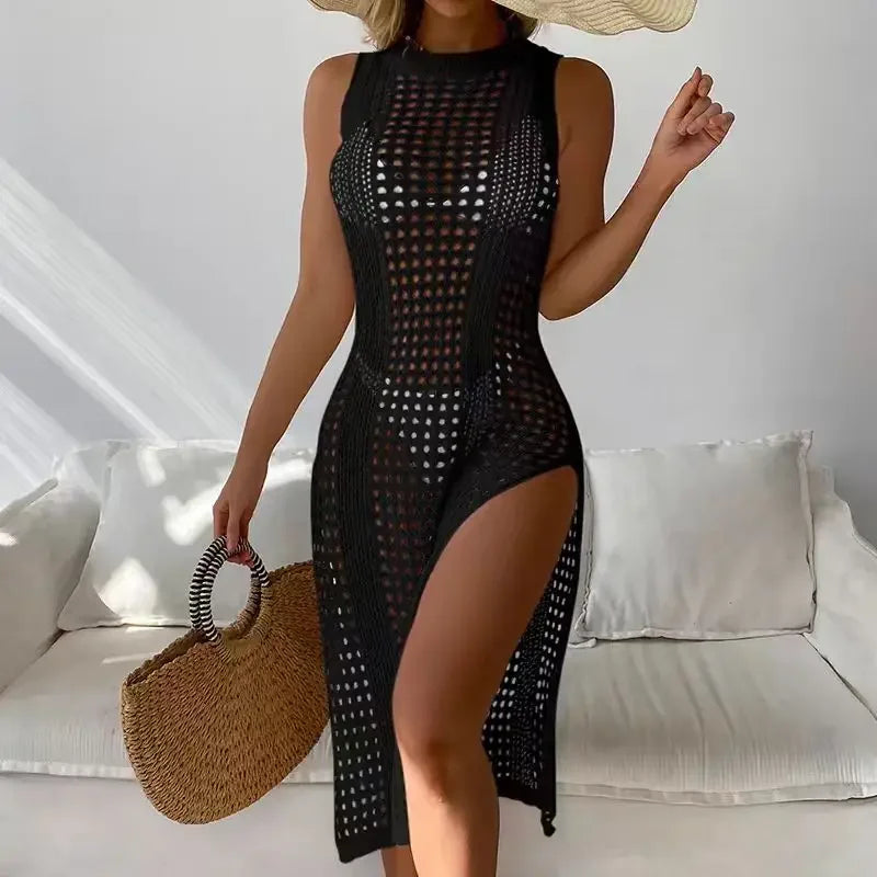Women's holiday sexy cutout crochet cover swimsuit sleeveless bikini dress smock high slit beach knit solid swimsuit