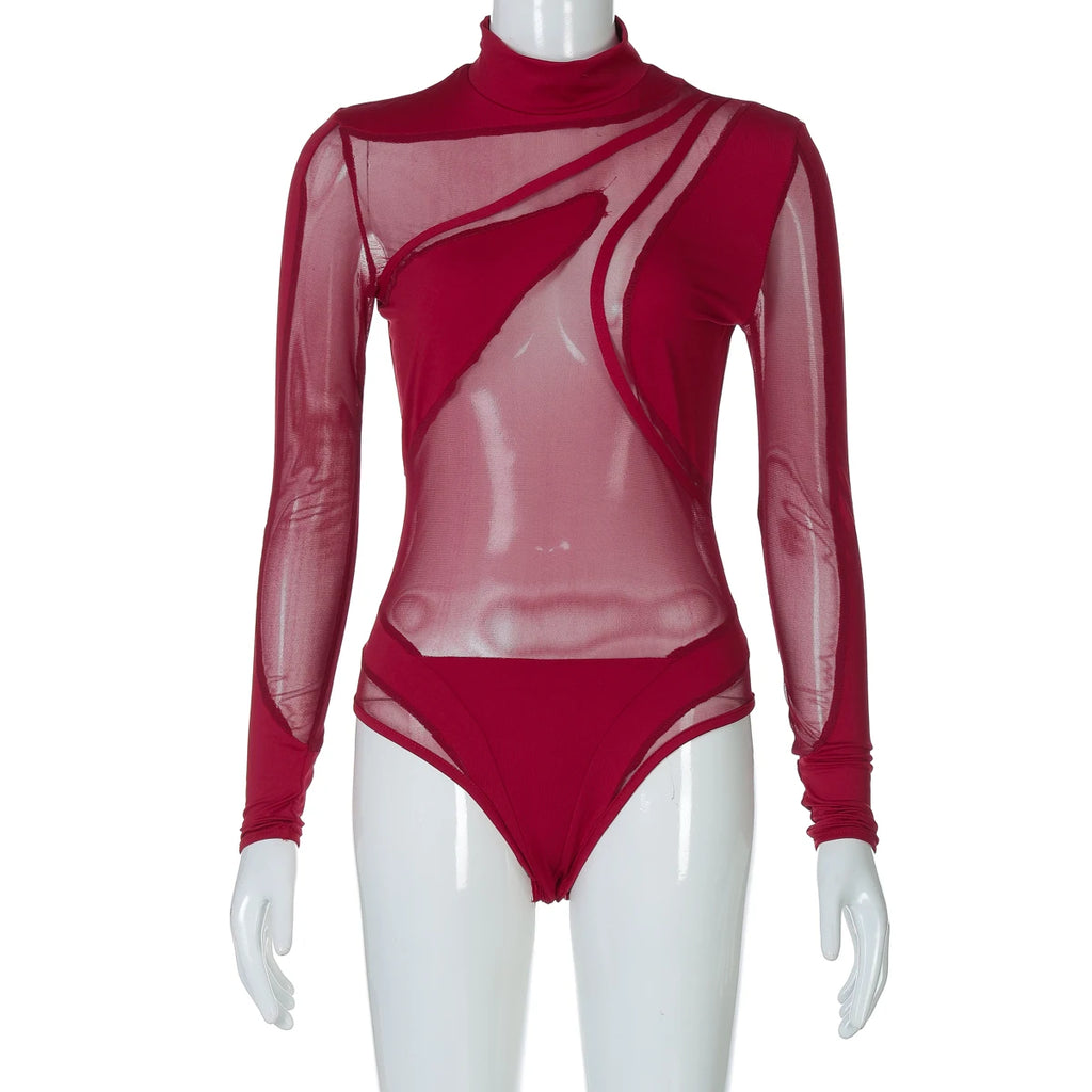 Hugcitar 2024 Turtleneck Long Sleeve Black See Through Sexy Bodycon Bodysuit Spring Summer Women New Outfit Festival Nightclub