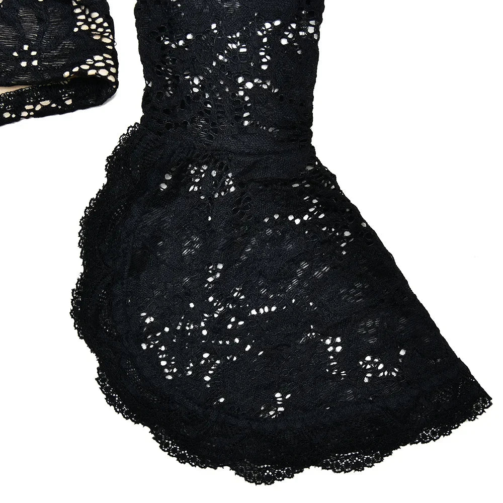 Women's Hollow Out Flare Sleeve Lace Bodysuit 2025 Female Elegant One Piece Black Tights Tops Evening Party Jumpsuit Clubwear