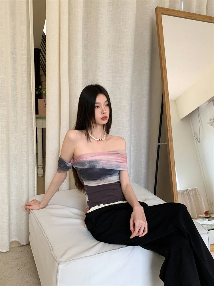 CHEERART Tie Dye Off The Shoulder Mesh Top For Women One Shoulder Designer Crop Top Fashion T Shirt Summer 2025 Clothing