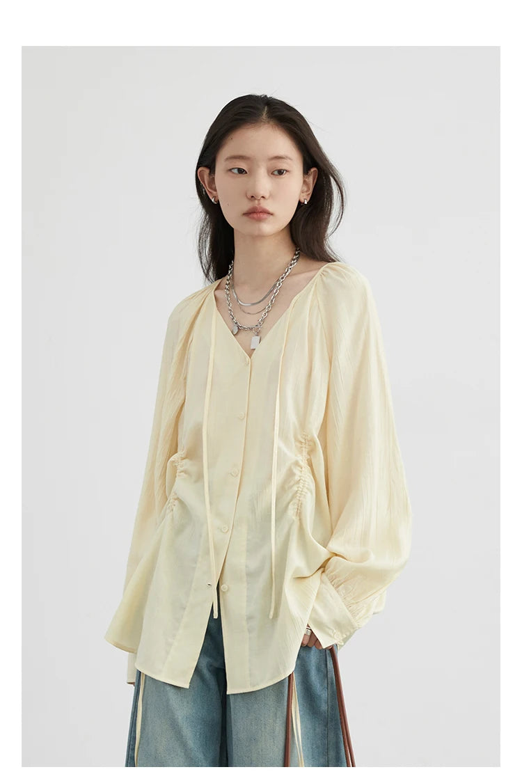 CHIC VEN Women Loose Lace Up Shirt Solid New Korean V-neck Pleated Raglan Long Sleeved Blouses Female Tops Spring Summer 2025