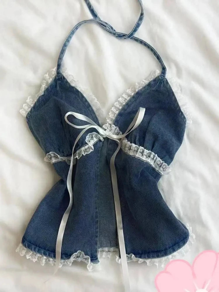 Summer  New Sexy Spice French Elegant Ladies Top Lace Patchwork Halter Vest Floral Skirt Design Hollowed-Out Strapless Tops