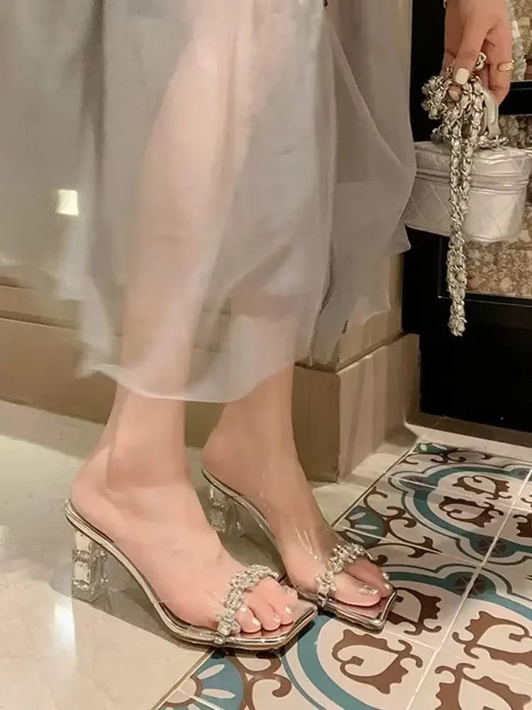 Transparent Crystal Sandals Women's Mid Heel High Heels Summer New Outdoor Wear Diamond Studded Fashionable Rubber Sole
