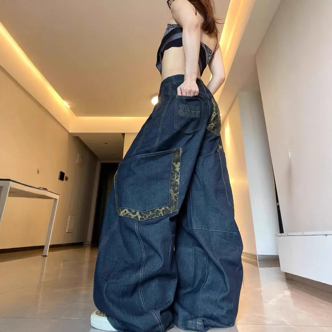 Retro High Street Loose Fit Deep Blue Wide Leg Jeans for Women with Slimming Flare Design Perfect for Autumn Winter Casual Style