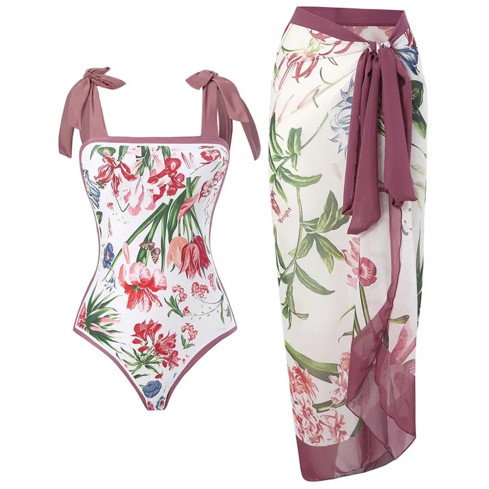 Retro One-Piece Swimsuit Set for Women with Chiffon Skirt Conservative Sexy Swimwear New 2025 Cross-Border AE Stock