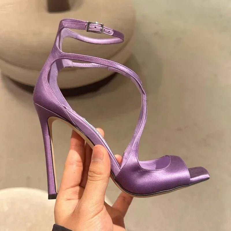 Sexy Luxury Satin High Heels Women Designer Party Dress Shoes Square Head Gladiator Sandals Female Slingback Sandals Women Pumps