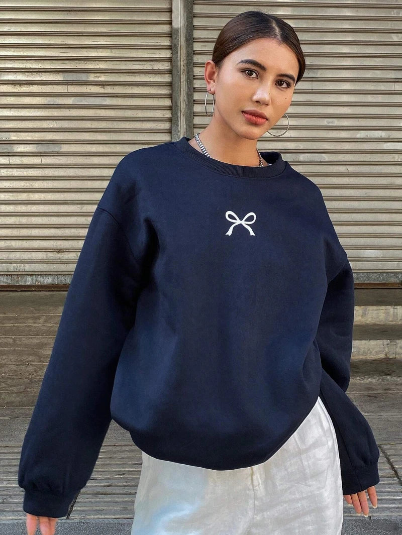 Casual Women's Sweatshirts Kawaii Bow Graphic Prints Pullover Comfortable Warm Oversize Hoodie Autumn Fleece Soft Female Clothes