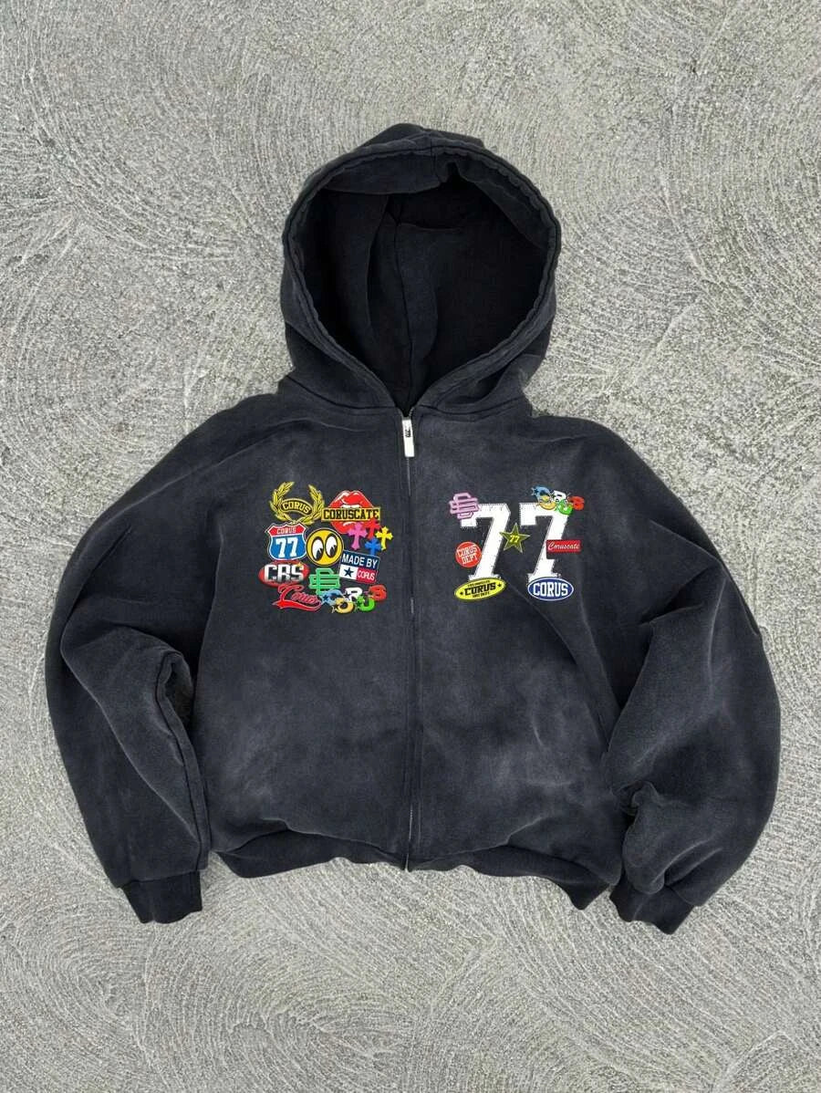 New Y2K American hip-hop retro monogrammed printed hoodie men clothing streetwear Harajuku jacket Gothic casual zip up hoodies