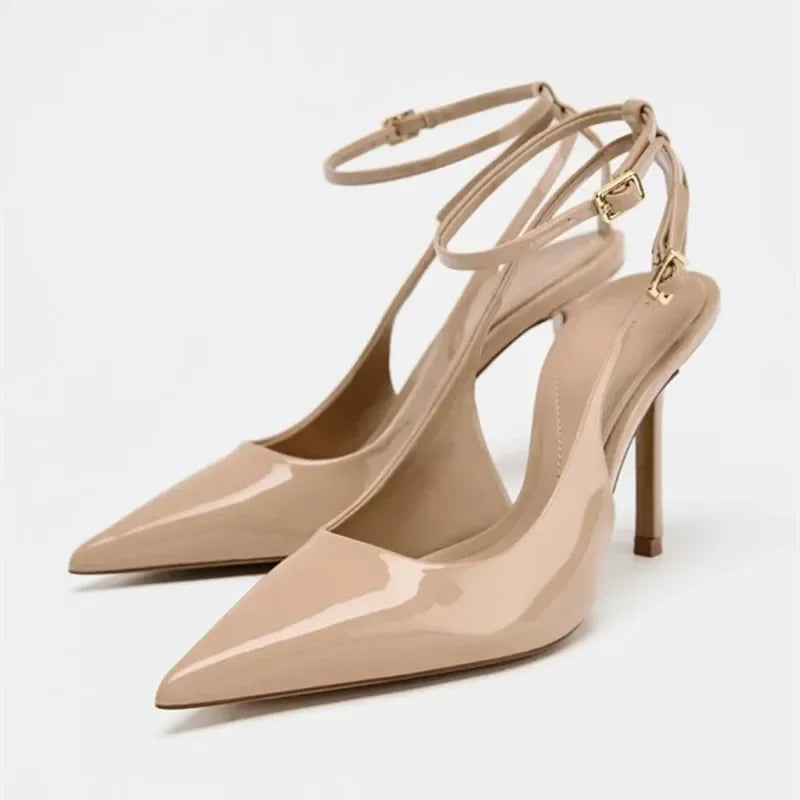 Nude Patent Leather Ankle Strap Buckle Women Pumps Sexy Pointed Toe Stiletto Heels Summer Stiletto Heels Party Shoes Sandalias