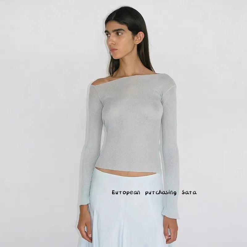 pa wl one-shoulder long-sleeved top, female wool blend off-the-shoulder base shirt, cutout backless knitted sweater