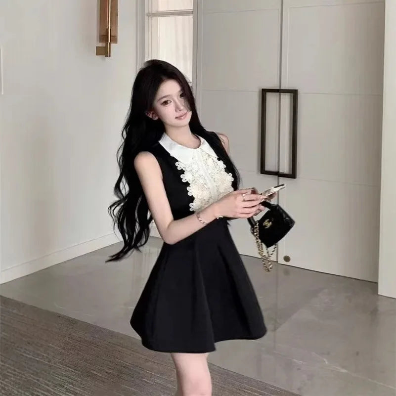 French Style Lace Doll Collar Vest Dress Women Summer Mini Skirt Waist Cinching Sleeveless Black Dress Polo Neckline Polyester F