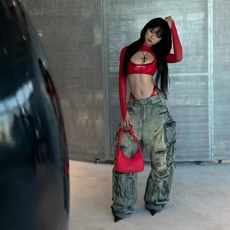 See Through Y2k Clothes Hollow Out Mesh Crop Top Skinny Camisole Mini Ropa De Mujer Rave Outfits 2 Pcs Set T Shirts For Women