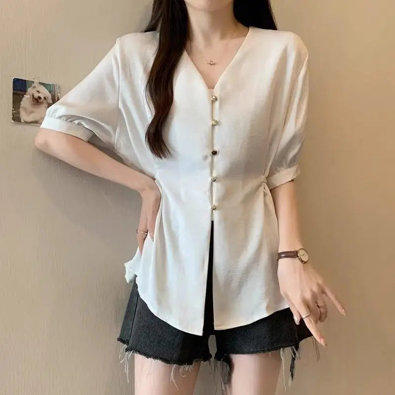 Women Clothes Summer Fashion Korean Button Solid Color V-neck Puff Sleeve Female Simplicity Elegant Temperament Short Sleeve Top