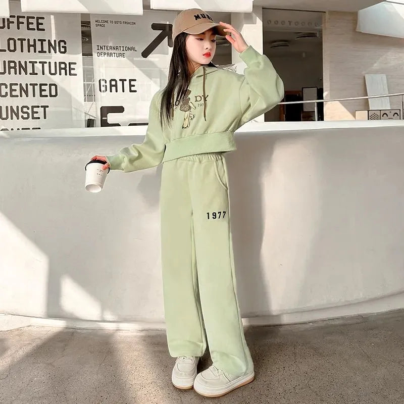 Spring Autumn Girls Clothing Set Cartoon Embroidered Pattern Hoodies Sweatshirt+ Pants 2Pcs Outfit Suit For 8-13 Years Kids