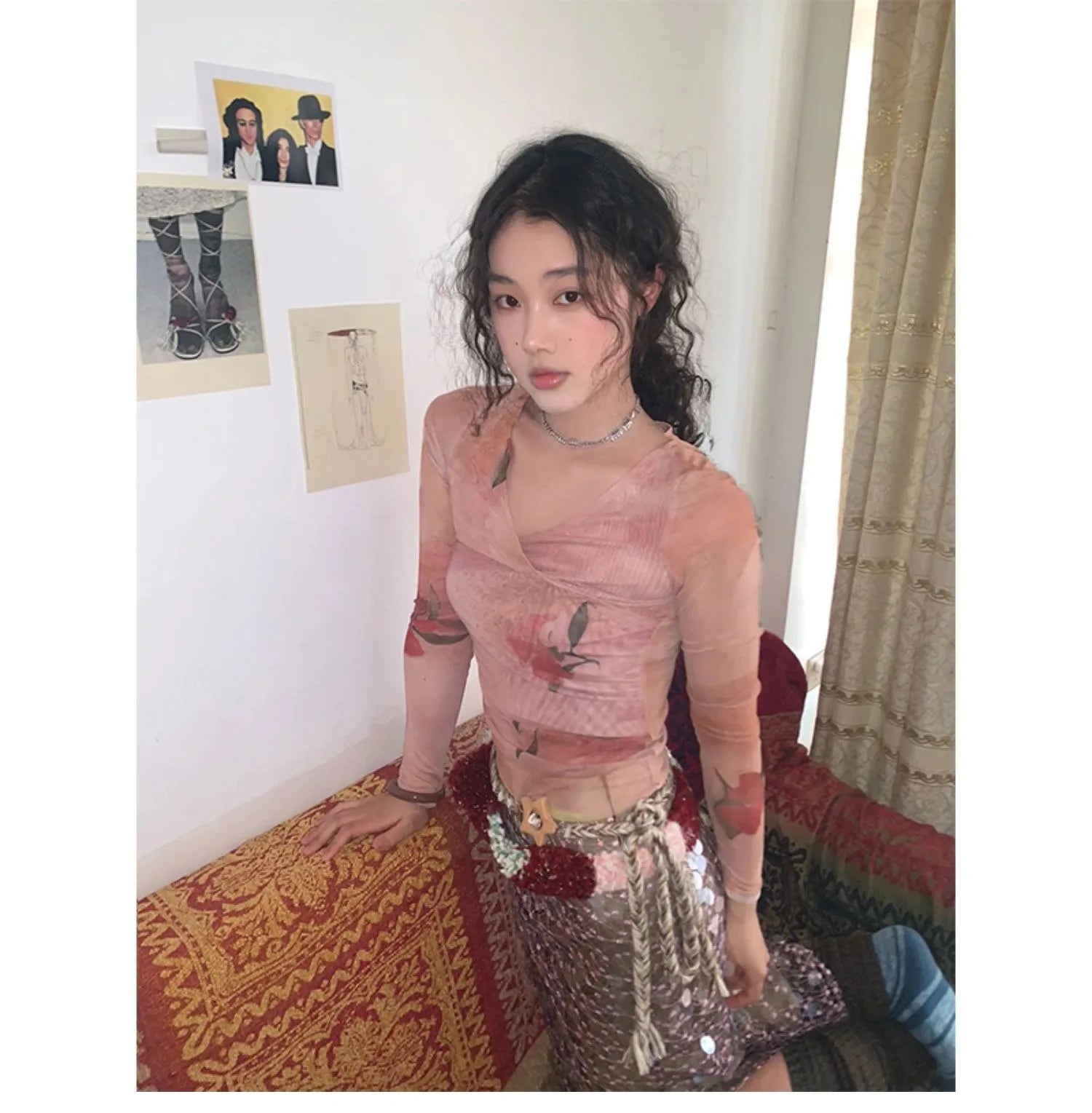 Tonngirls Y2k Print Floral Mesh Tops V Neck See Through Vintage Tshirt Women Streetwear Skinny Fairycore Crop Tops Summer 2000s