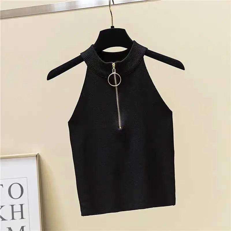 Retro Zipper Crop Tops Women Short Knitted Camisole Sleeveless Leisure Tank Top Camis Summer 2022 New