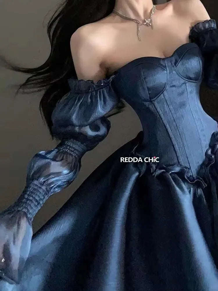 REDDACHiC Royal Blue Beaded Trailing Mini Dress Stain Jacquard Corset Laced Puff Sleeves Princess Dress Women Wedding Party Gown