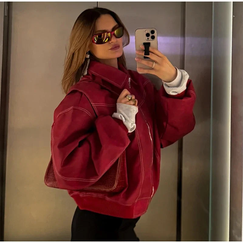 Women's Artificial Leather Short Jacket Retro Red Linen Coat Spliced Zipper Jacket Autumn Women's Lapel Pocket Street Sportswear