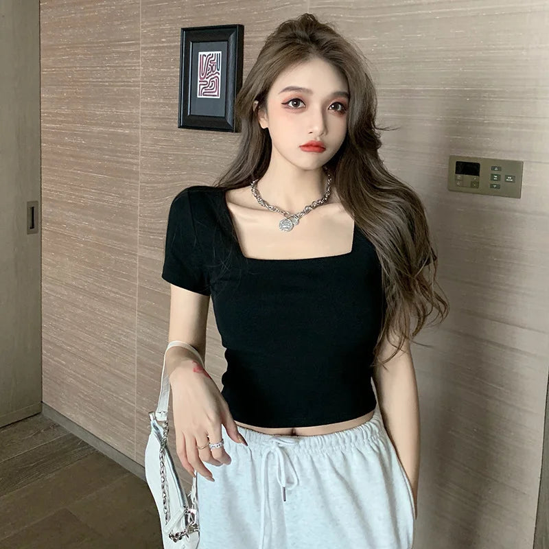 Women Slim Fit Square Neck Short Sleeve T-shirt High Waist Short Version Exposing Waist Outdoor Wear Base Shirt Top