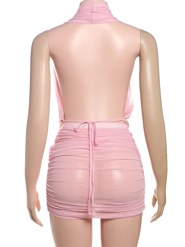 kliou Mesh Swinging Pleated Women 2 Piece Set Summer Solid Simple Halter Backless Chic Tops+Shirring Mini Skirts Coordinate Suit