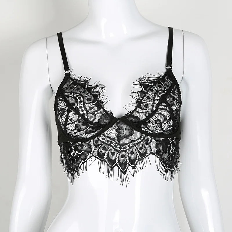 Lace Sexy Underwear Set Hollow Eyelashes Lingerie See-through Sheer Bra and Panty White Black Backless Bodysuit Women 2pcs