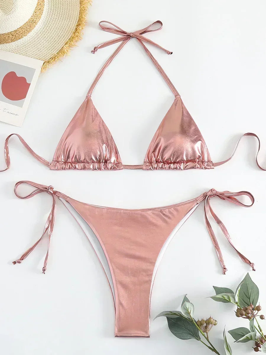 Sexy Shiny Pu Faux Leather Bikini 2025 Women Swimwear Female Swimsuit Two-pieces Bikini set String Bather Bathing Suit Swim Lady