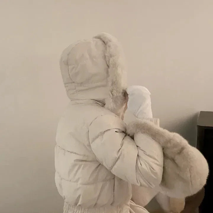 South korea Chic Autumn and Winter Fur Collar Hood Short down Coat Women Fashion Thick Warm Fleece-lined Cotton-padded jacket...